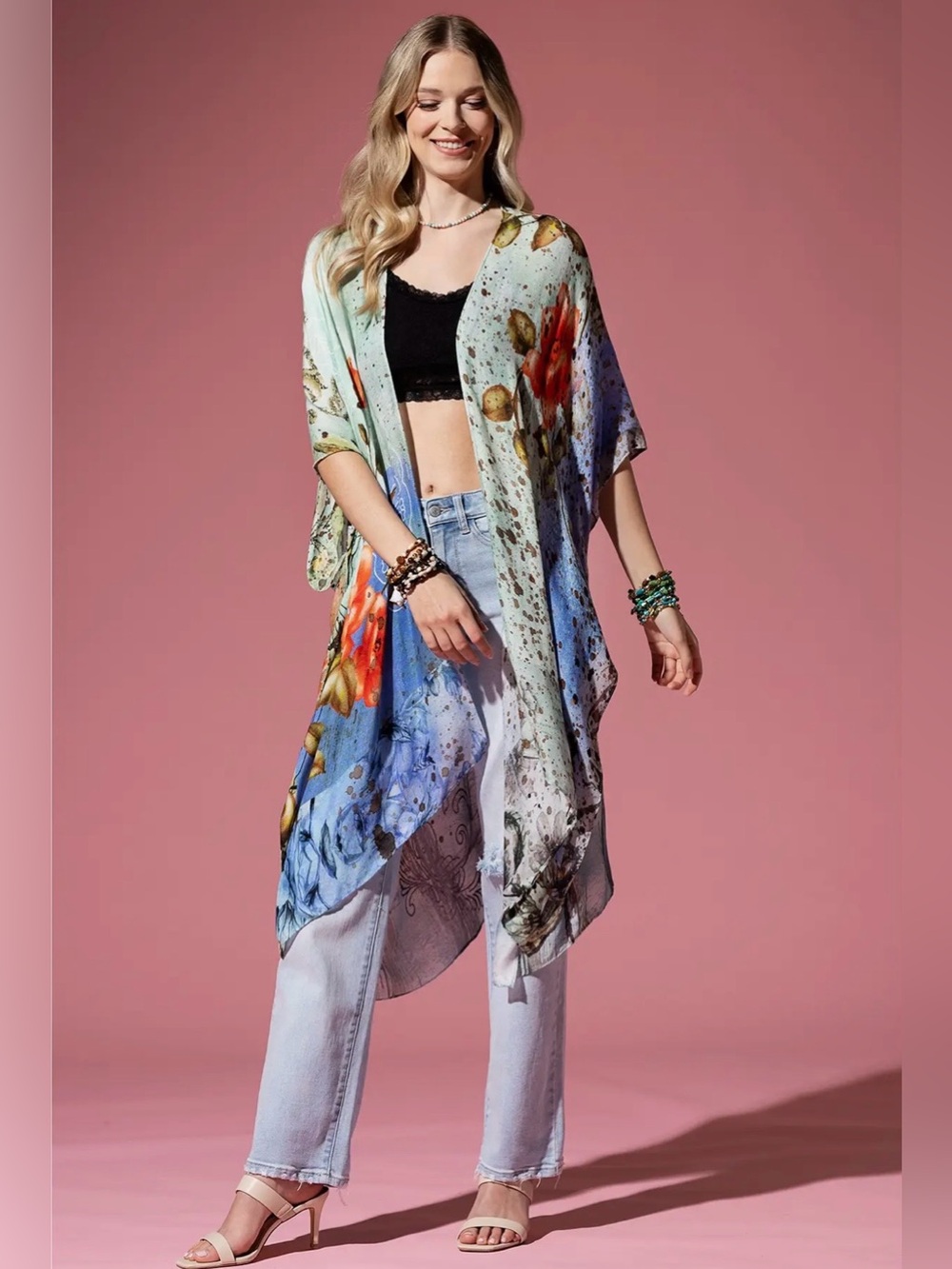 “Moonstone” Kimono | Watercolor Floral | Lightweight Boho Duster | One Size - Picture 2 of 7
